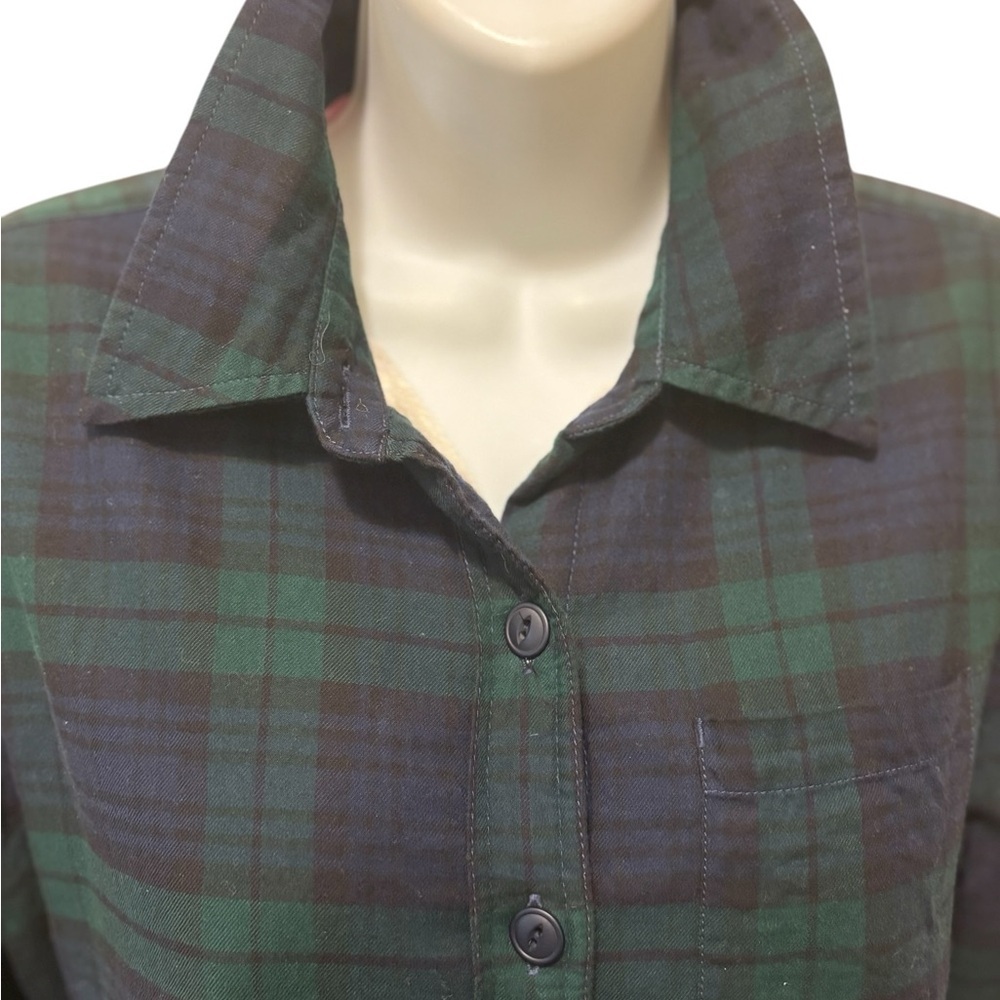 L.L. Bean Scotch Plaid Flannel Shacket Sherpa-Lined XS Green Navy Button Up Cozy - Picture 3 of 6